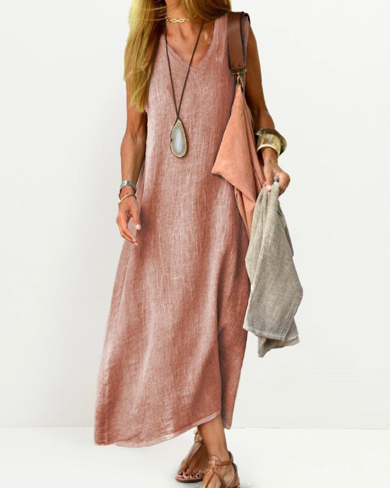 Zeagoo Women's Casual Sleeveless Dress Solid V Neck Tank Long Dresses Plain Simple Beach Sundress Cover Ups - Pink