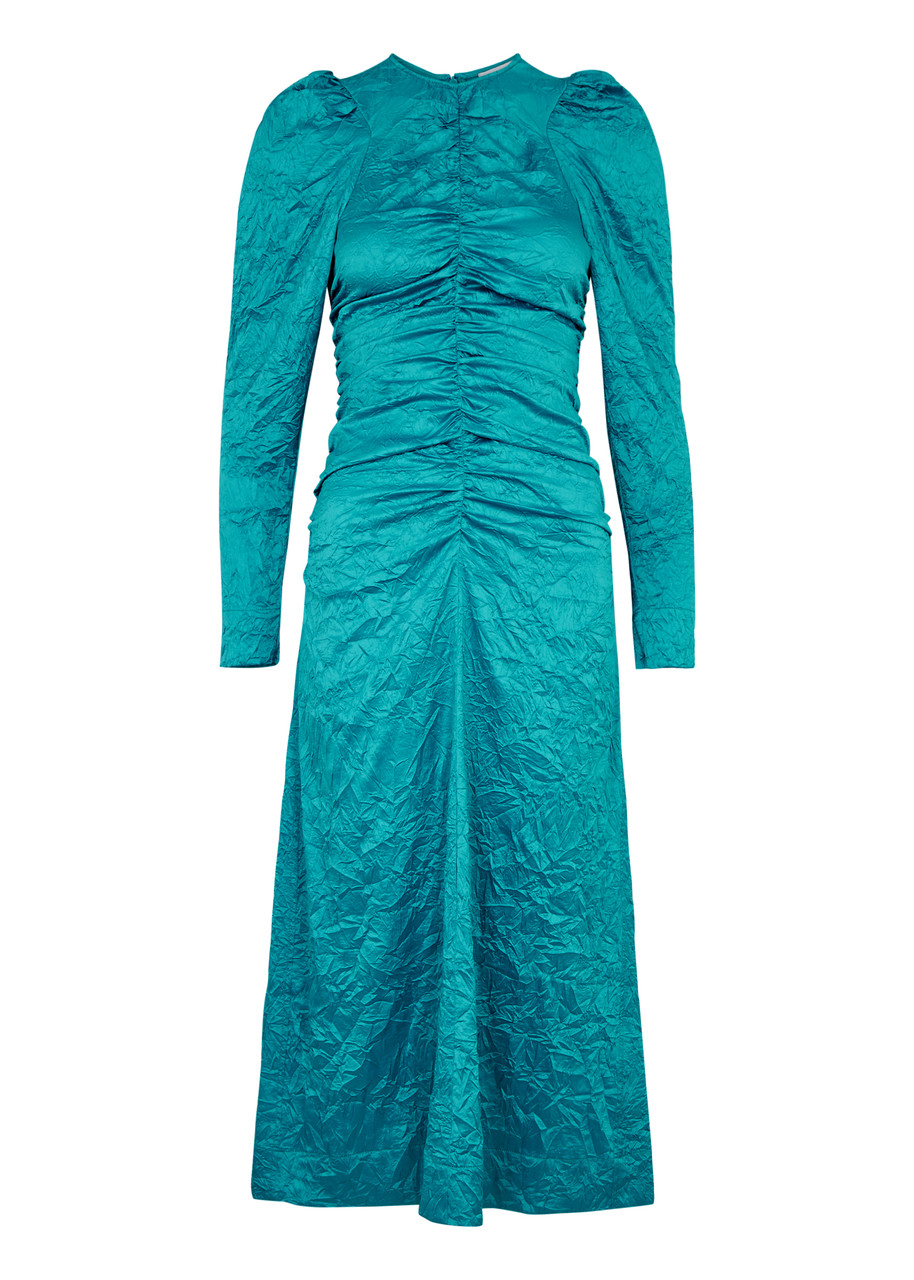 Ganni Crinkled Ruched Satin Midi Dress - Blue -