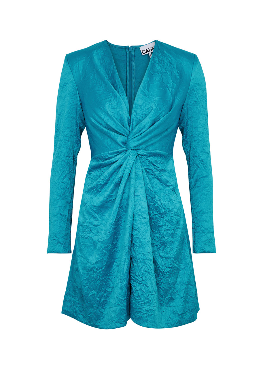 Ganni Crinkled Satin Mini Dress - Blue - M