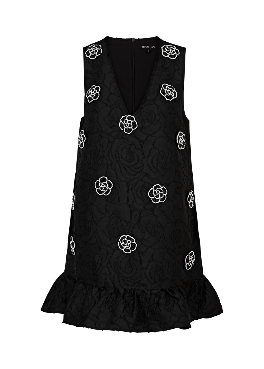 Sister Jane Mural Rose Bead-embellished Cloqu Mini Dress - Black - L