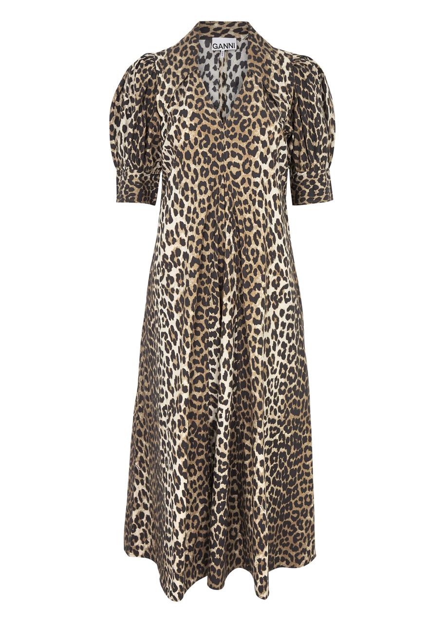 Ganni Leopard-print Cotton-poplin Midi Dress - S