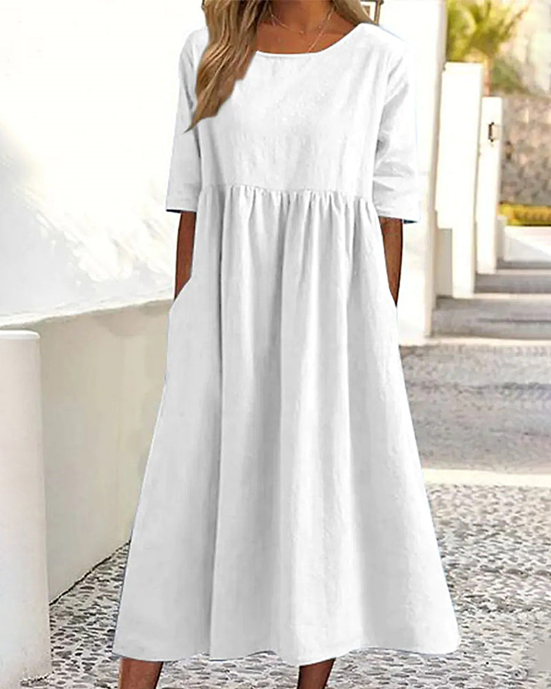 Zeagoo Women's Beach Short Sleeve Scoop Neck Ruffle Swing Casual Boho Midi Dress with Pockets - White M