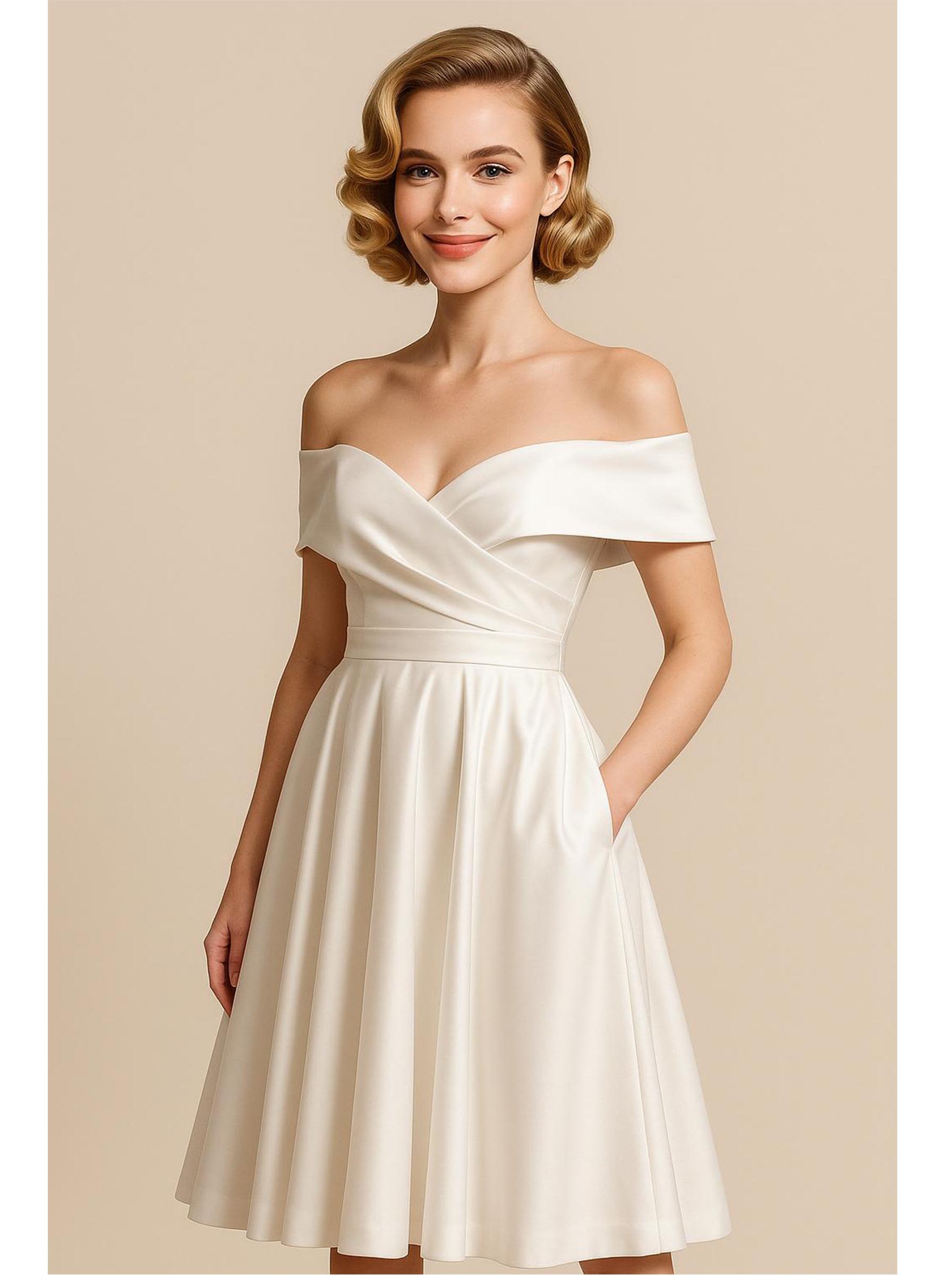 Cute A-line Off Shoulder V-neck Mini Short Satin Bridal Cocktail Dress
