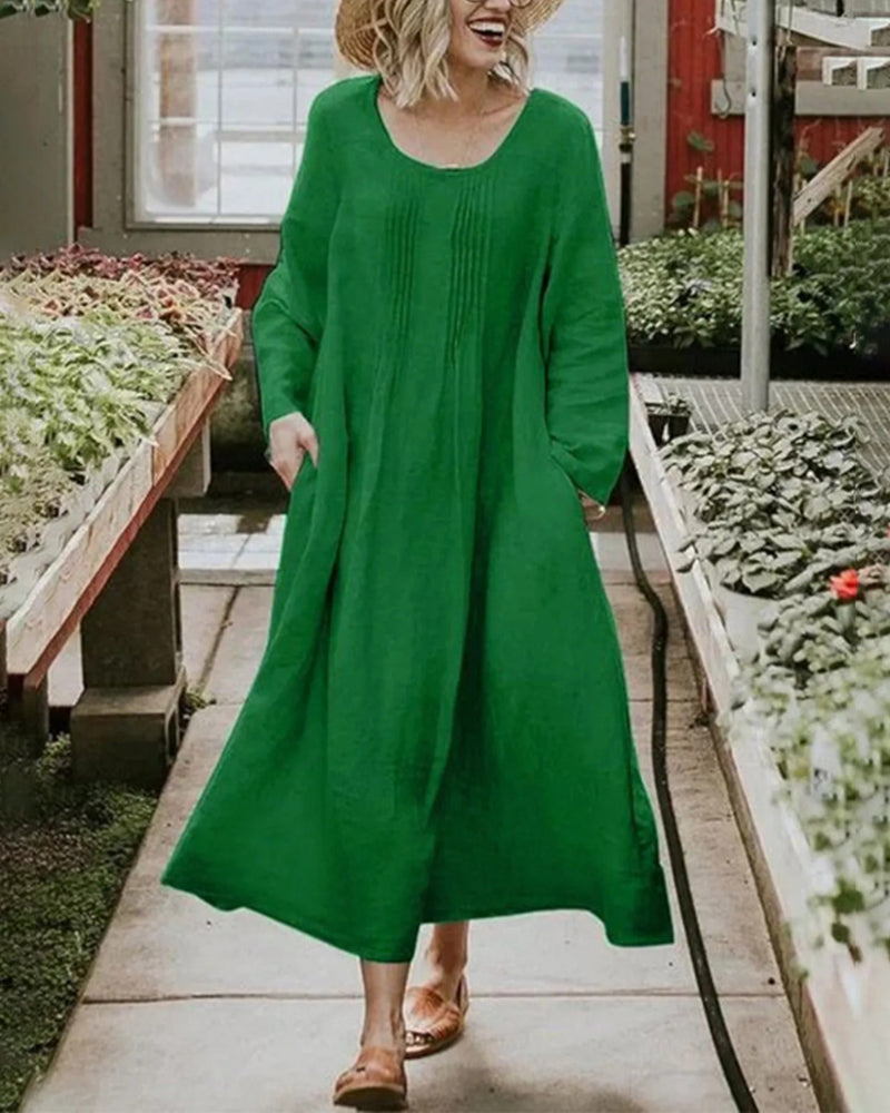 Round Neck Ruched Pocket Solid Long Sleeve Dress - Green M