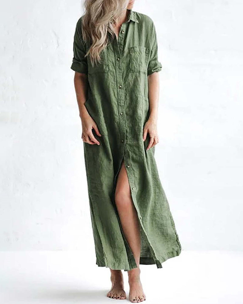 Zeagoo Women's Cotton and Linen Shirt Dress Casual Loose Maxi Dresses - Green