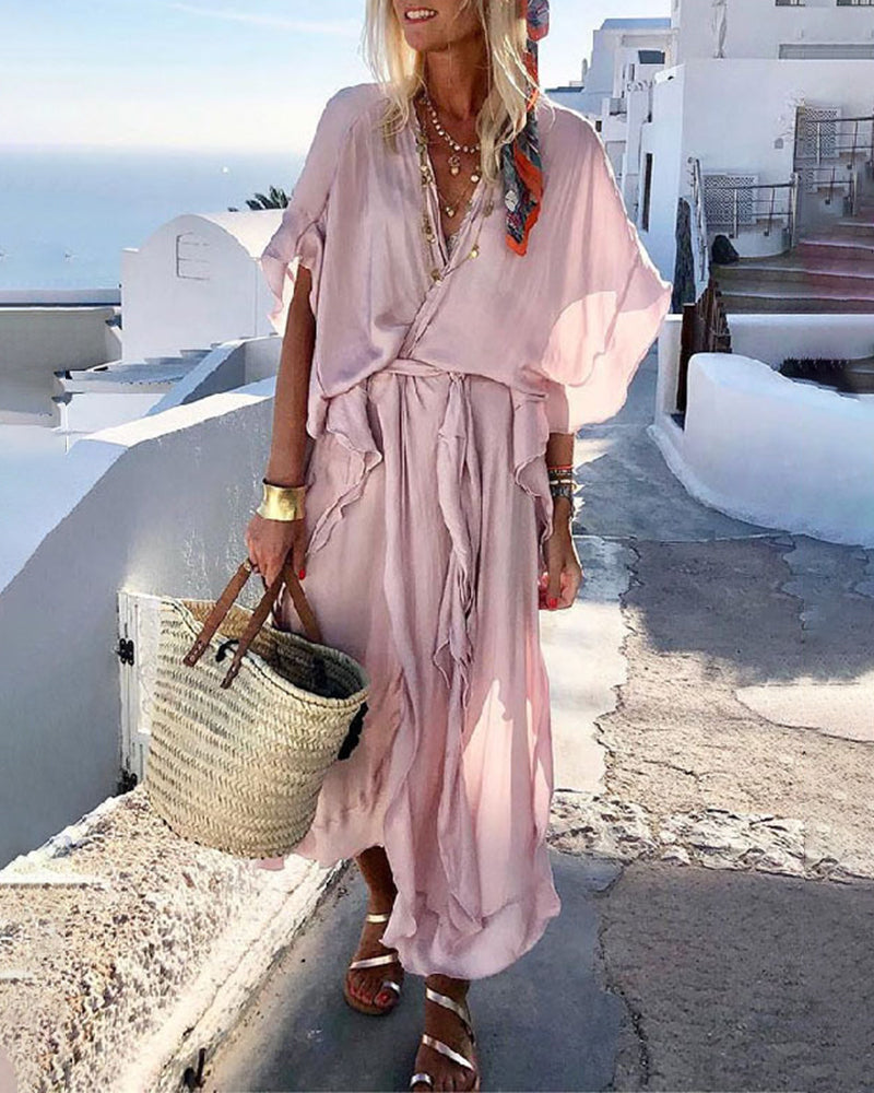 Zeagoo Women's Boho Solid Color V Neck Short Sleeve Jumpsuits Ruffled Summer Beach Maxi Dress - Pink