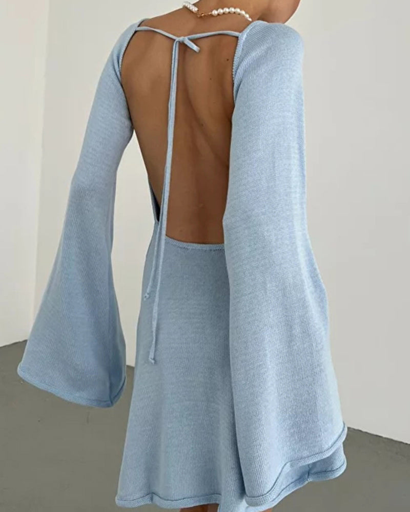 Zeagoo Elegant Backless Lace-up Bell Sleeve Mini Dress for Women Casual Going Out Summer - Blue S