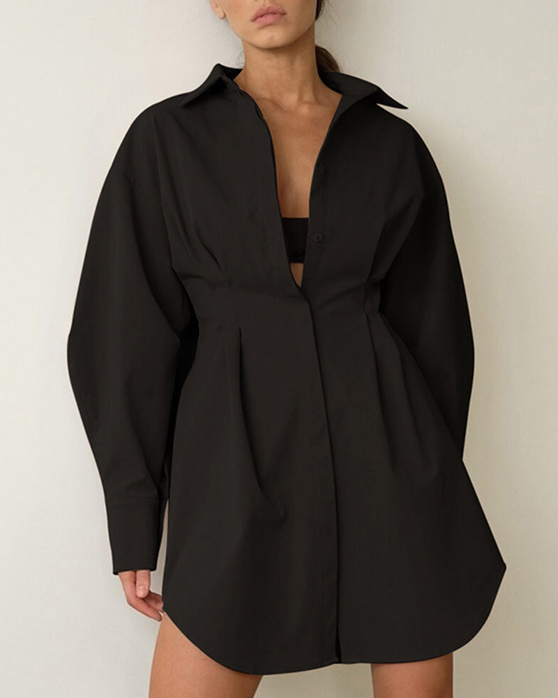 Long Sleeve Tunic Dress High Waist Lapel Short Dress Button Down Pleated Dress - Black M