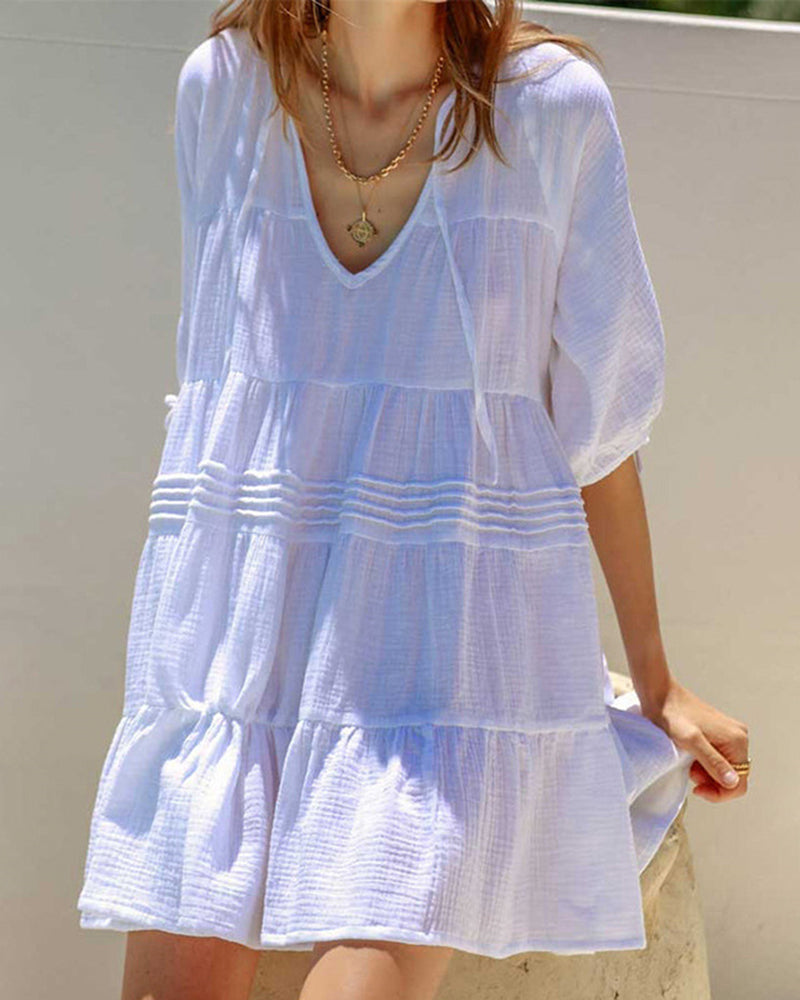 Zeagoo Women's Cute Sweet Tie up V Neck Drawstring Short Sleeve Babydoll Dress Loose Tiered Ruffle Swing Tunic Mini Dress - White M