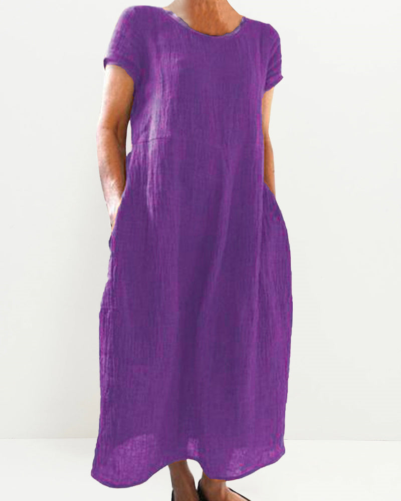 Vintage Cotton Linen Dress Casual Short Sleeve Casual Midi Dresses Summer Loose Plain Flowy Sundress - Purple L-