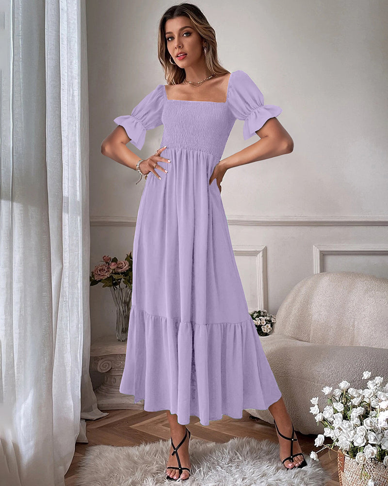 Ruffle Puff Sleeve Smocked Dress Square Neck Long Sleeve High Waist Flowy Maxi Dress - Purple