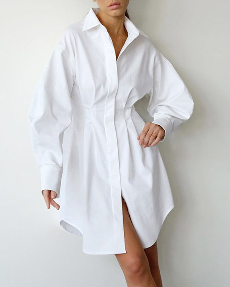 Long Sleeve Tunic Dress High Waist Lapel Short Dress Button Down Pleated Dress - White S