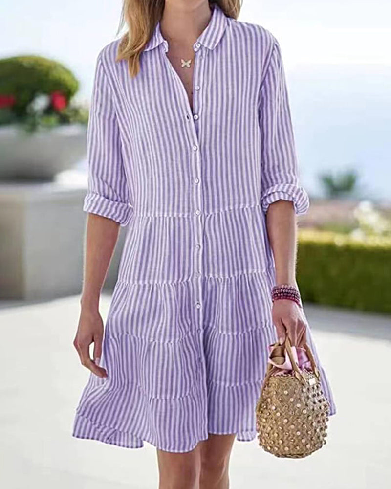 Long Sleeve Lapel Stripe Layered Panel Hem Shirt Dress - Purple L-