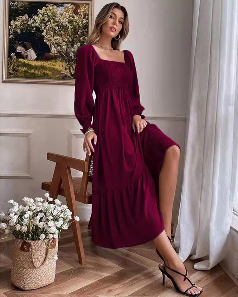 Solid Color Long Sleeve Dress Square Neck Lotus Leaf Maxi Dress - Wine Red M