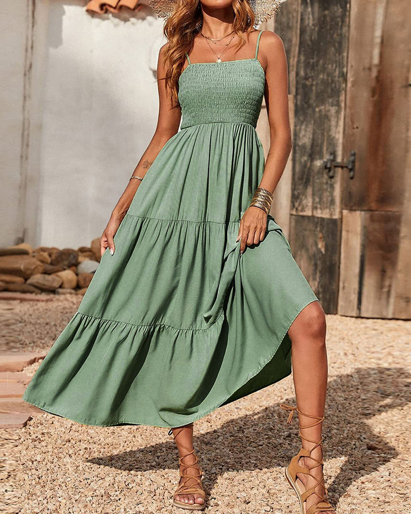 Zeagoo Women's Bohemian Long Dress Spaghetti Strap Solid Swing Beach Sleeveless Maxi Dress - Green