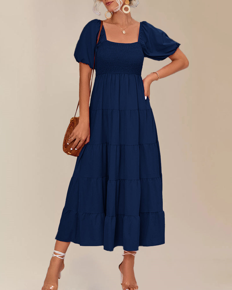 Square Neck Puff Short Sleeve Smocked Boho Maxi Dress Casual Flowy A Line Vacation Long Dress - Navy blue