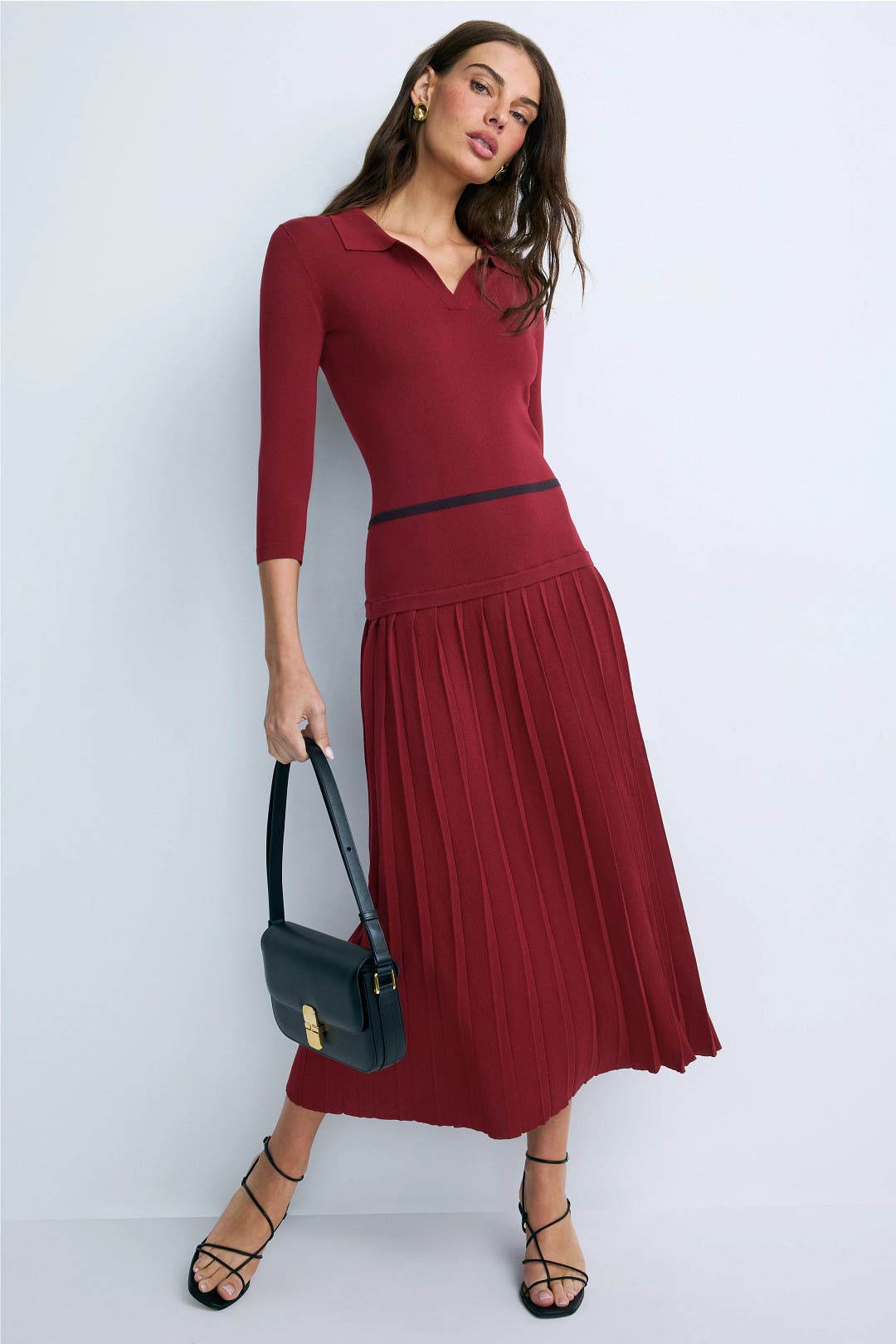 Alexia Admor Collared Pleated Knit Dress Red-black