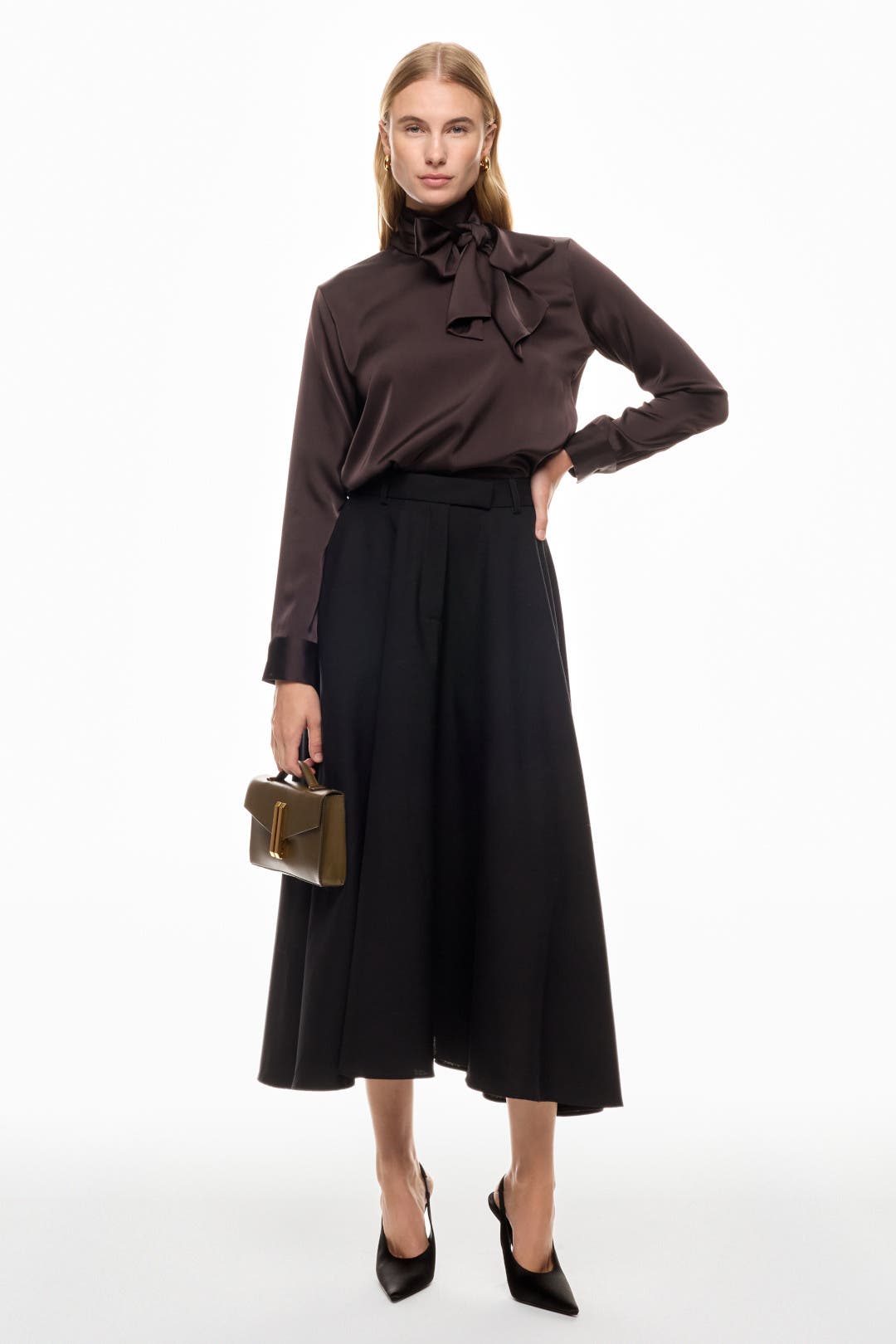 Adam Lippes x RTR Satin Tie Neck Blouse Brown