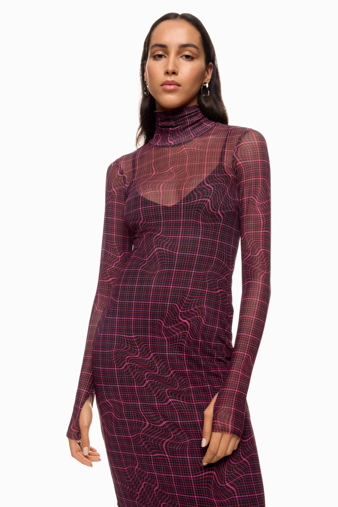 Afrm Shailene Mesh Turtleneck Dress Purple-print