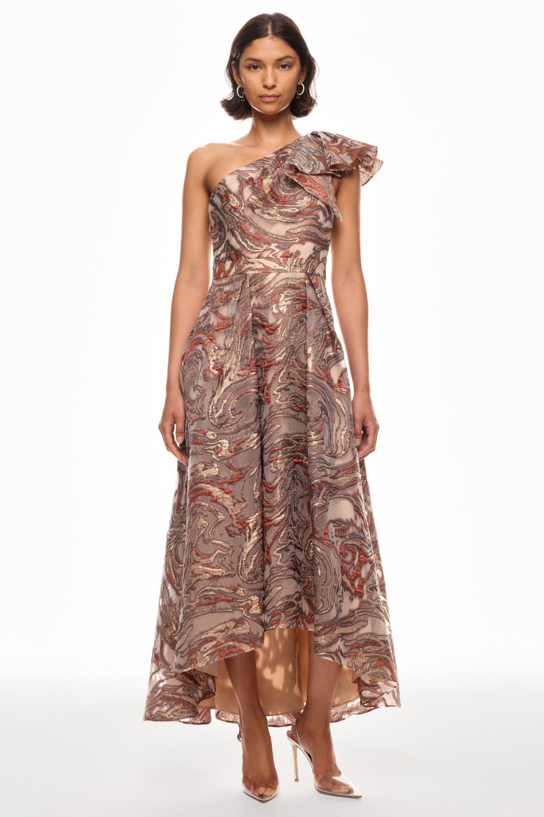 Aidan Mattox Clipped Jacquard High Low Dress Gold-silver-print