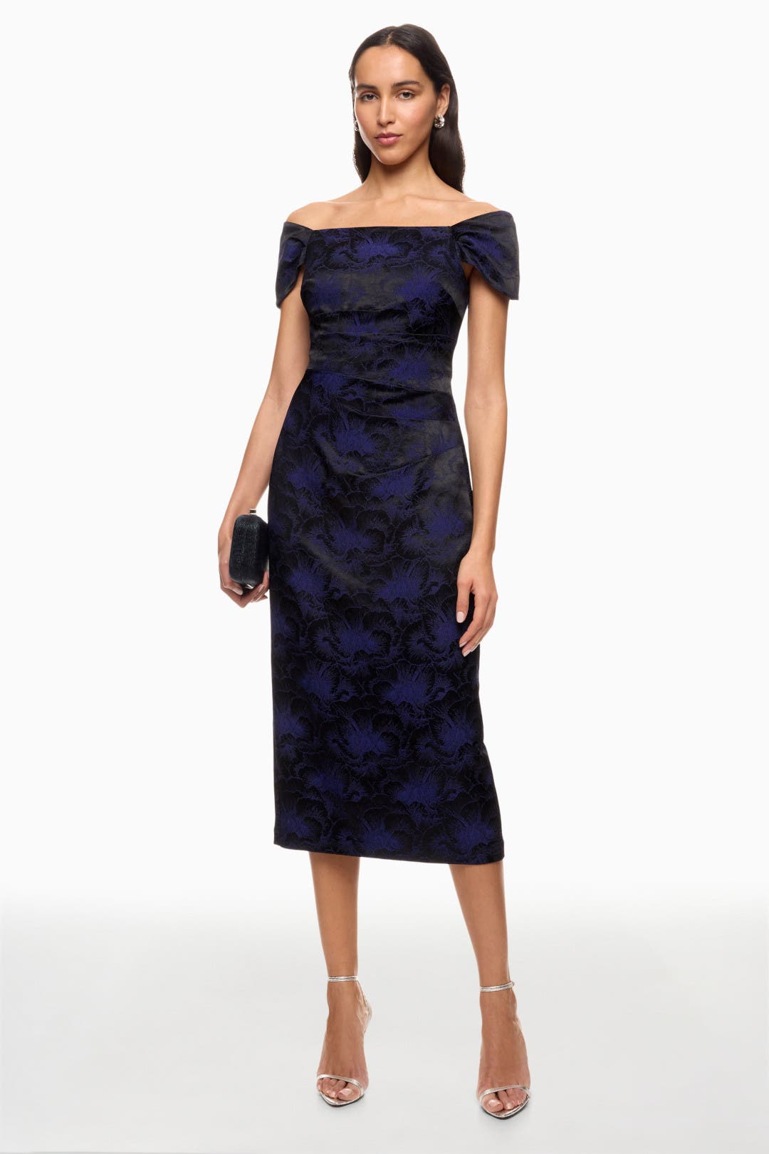 Aidan Mattox Woven Jacquard Midi Dress Black-blue-print