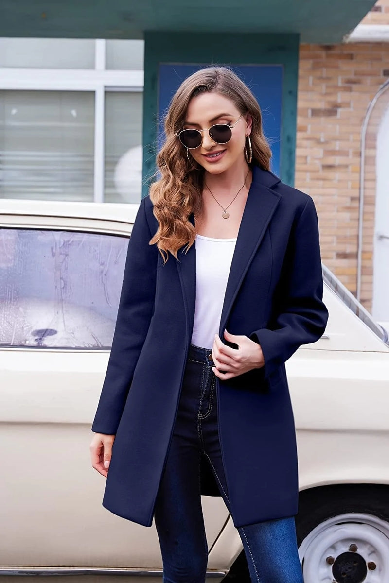 Lapel Single Breasted Wool Blend Trench Coat - Zeagoo- Navy Blue L-