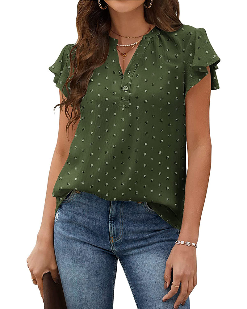 Womens Blouse V Neck Ruffle Short Sleeve Swiss Dot Tops Button Casual Shirts - Zeagoo- Army Green M