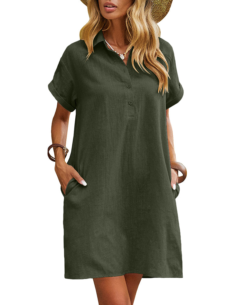 Summer Casual % Cotton Shirt Dress with Pockets