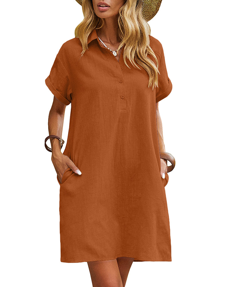 Summer Casual % Cotton Shirt Dress with Pockets