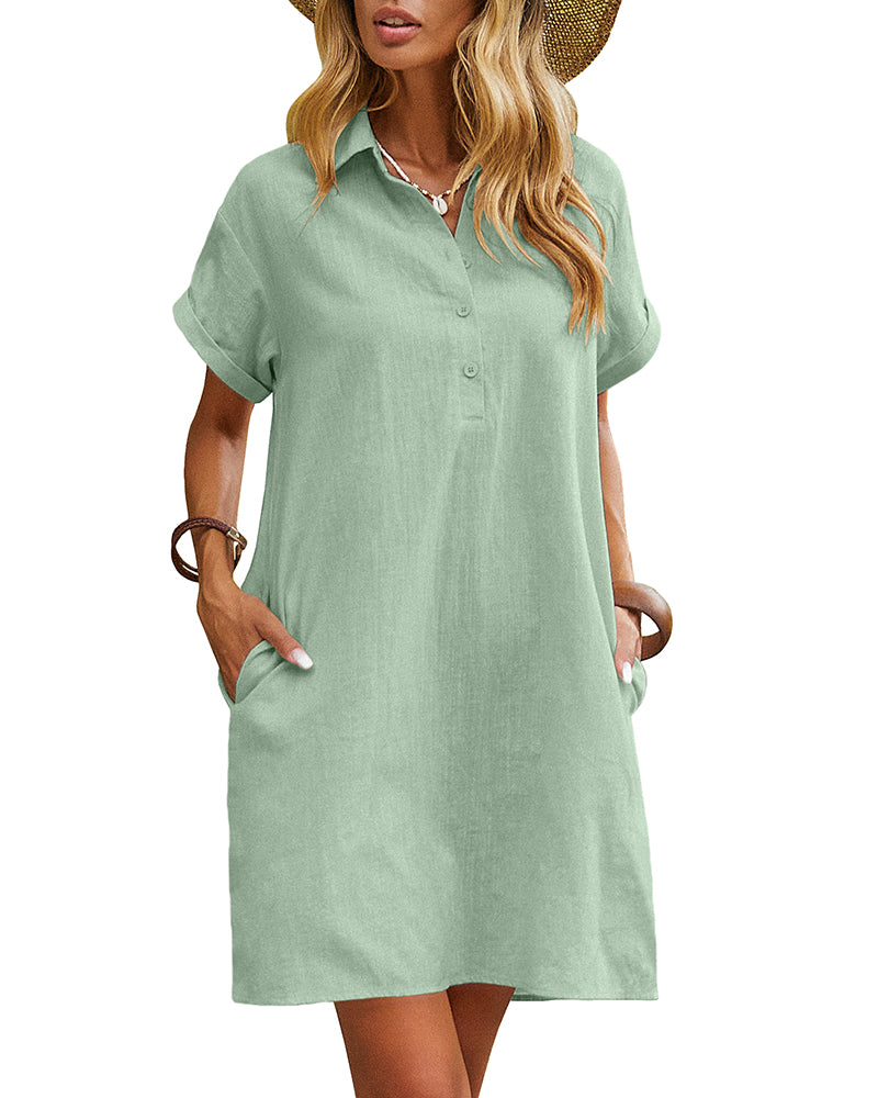 Summer Casual % Cotton Shirt Dress with Pockets