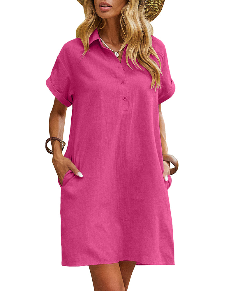 Summer Casual % Cotton Shirt Dress with Pockets