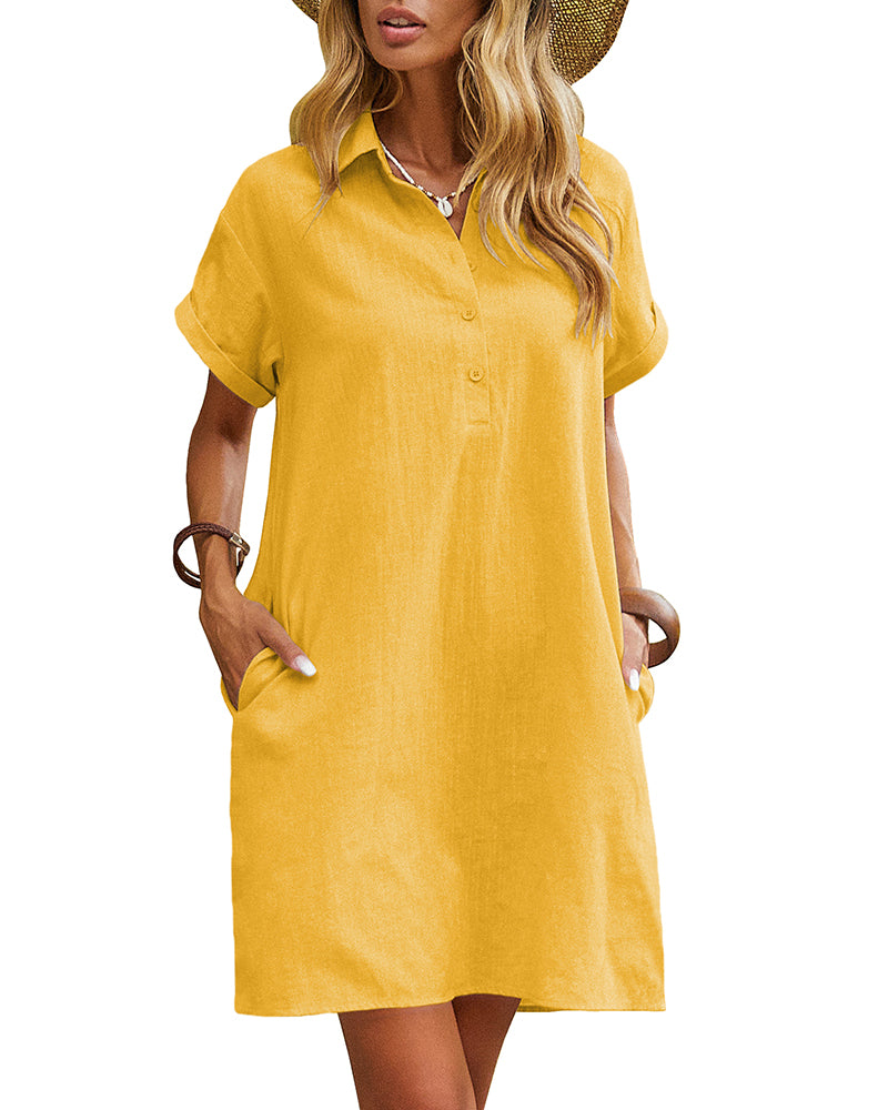Summer Casual % Cotton Shirt Dress with Pockets