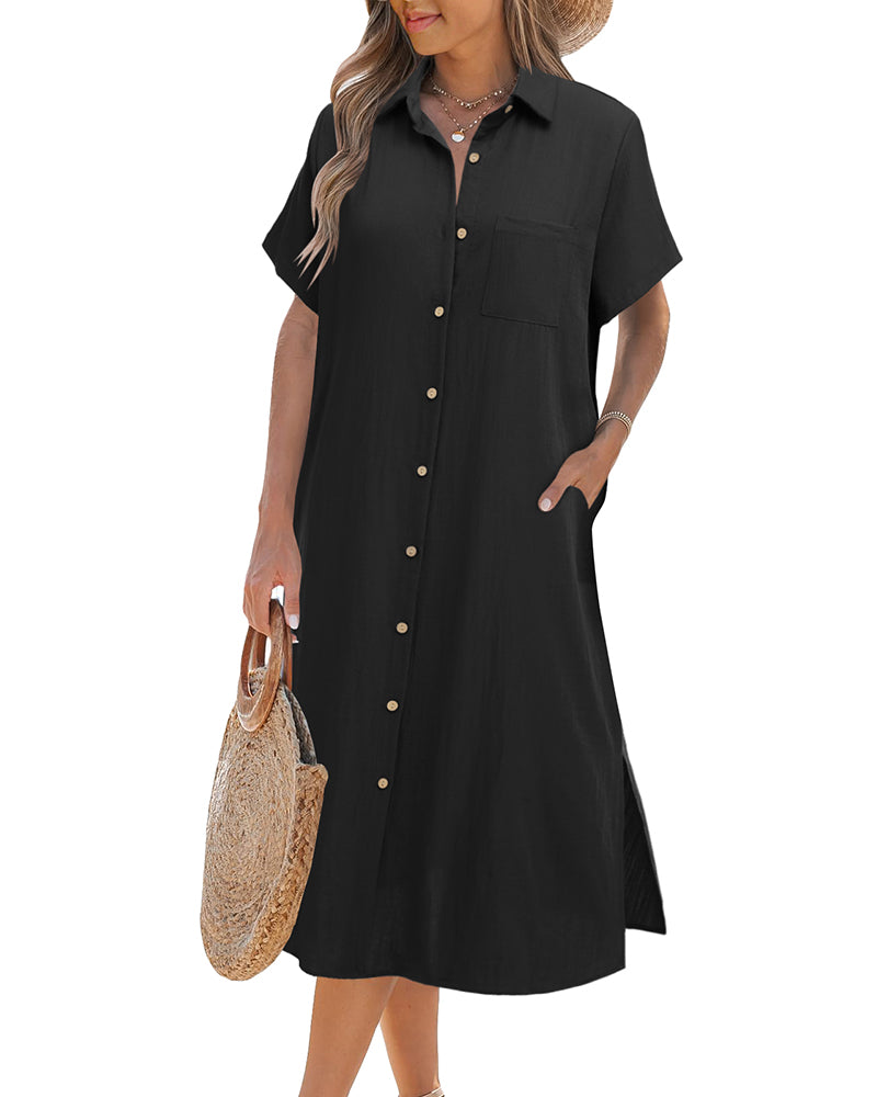Zeagoo Womens Linen Shirt Dress- Black M