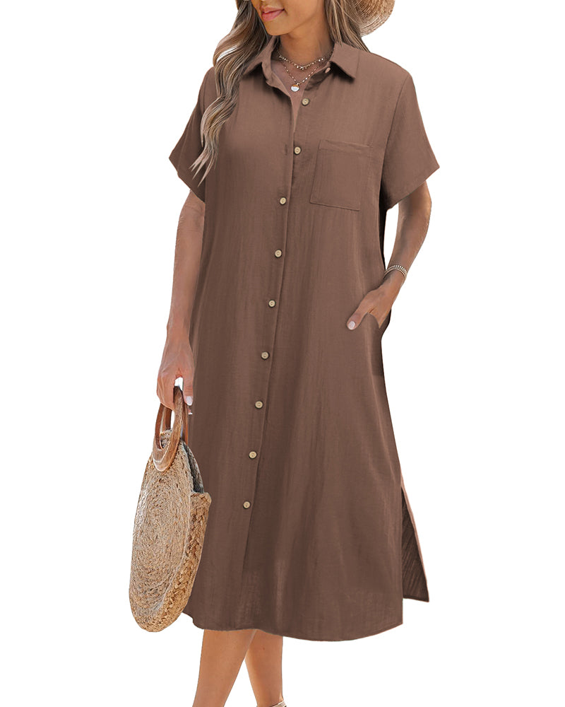 Zeagoo Womens Linen Shirt Dress- Brown L-