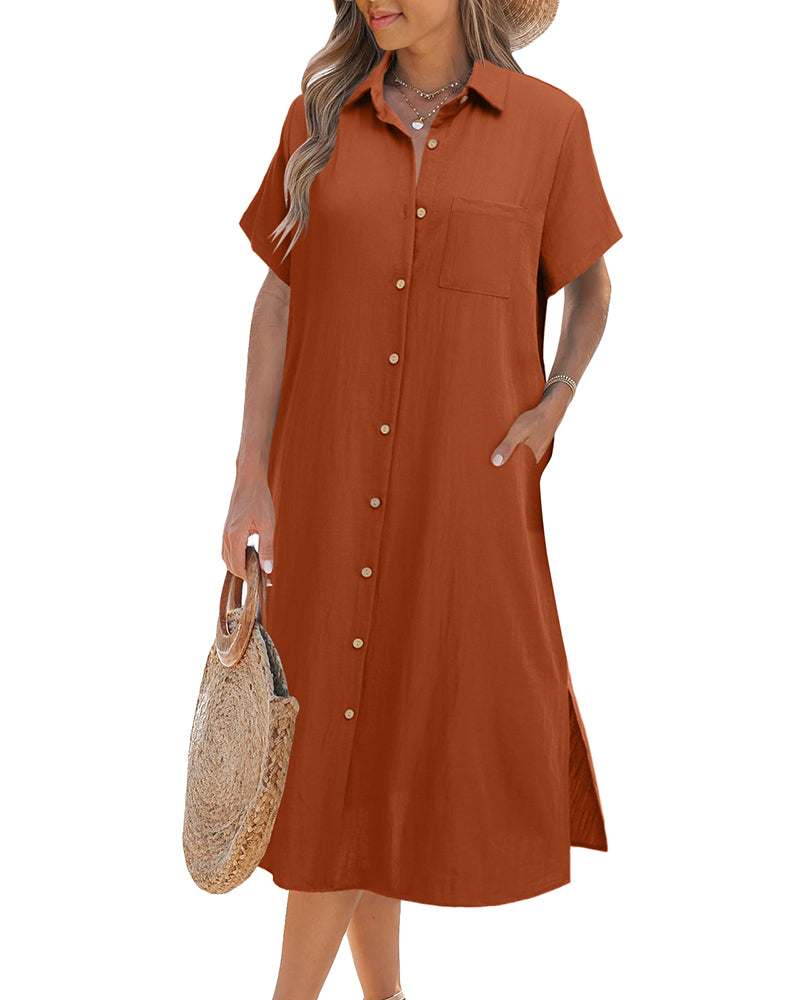 Zeagoo Womens Linen Shirt Dress- Brick Red