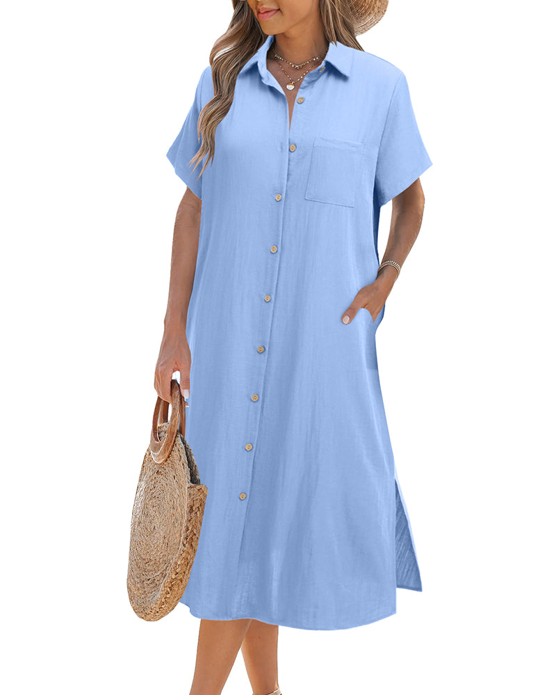 Zeagoo Womens Linen Shirt Dress- Clear Blue L-