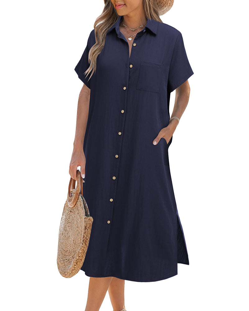 Zeagoo Womens Linen Shirt Dress- Navy Blue L-