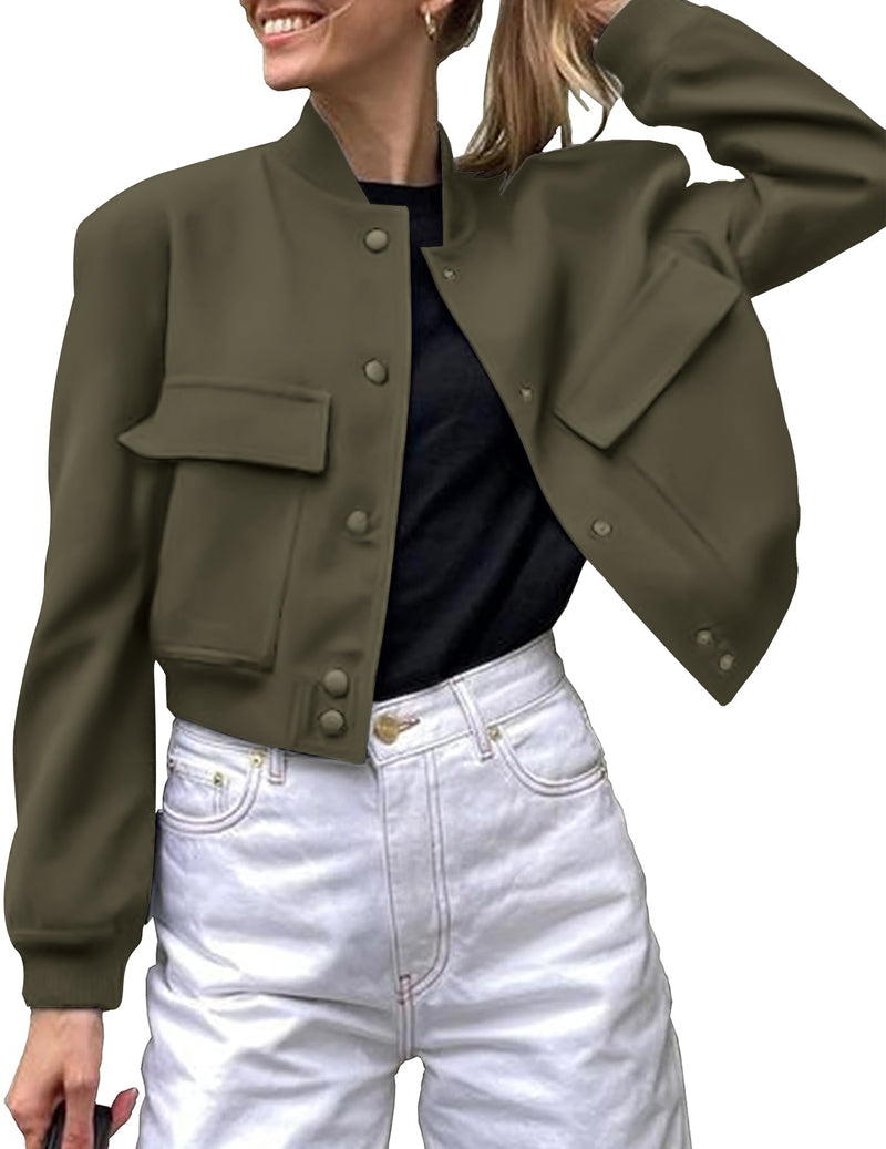 Zeagoo Women Bomber Jacket Casual Button Down Shackets - Army Green