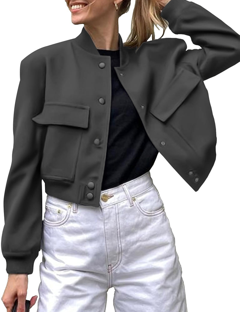 Zeagoo Women Bomber Jacket Casual Button Down Shackets - Dark Grey