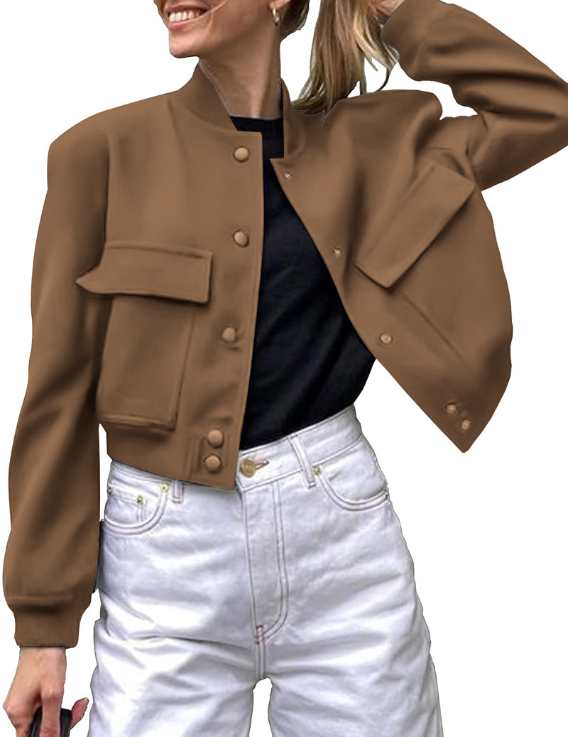 Zeagoo Women Bomber Jacket Casual Button Down Shackets - Brown L-