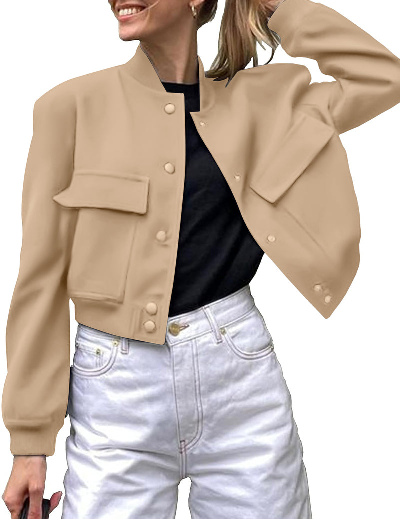 Zeagoo Women Bomber Jacket Casual Button Down Shackets - Khaki