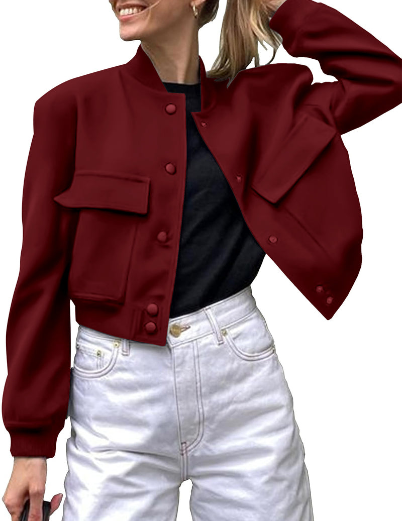 Zeagoo Women Bomber Jacket Casual Button Down Shackets - Wine Red L-