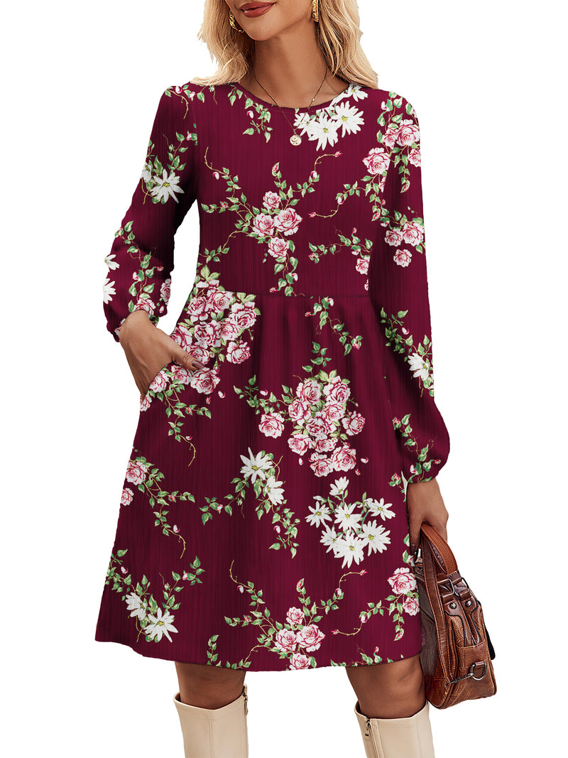 Zeagoo Women's Casual Knit Sweater Dress with Pockets - Floral Red L-