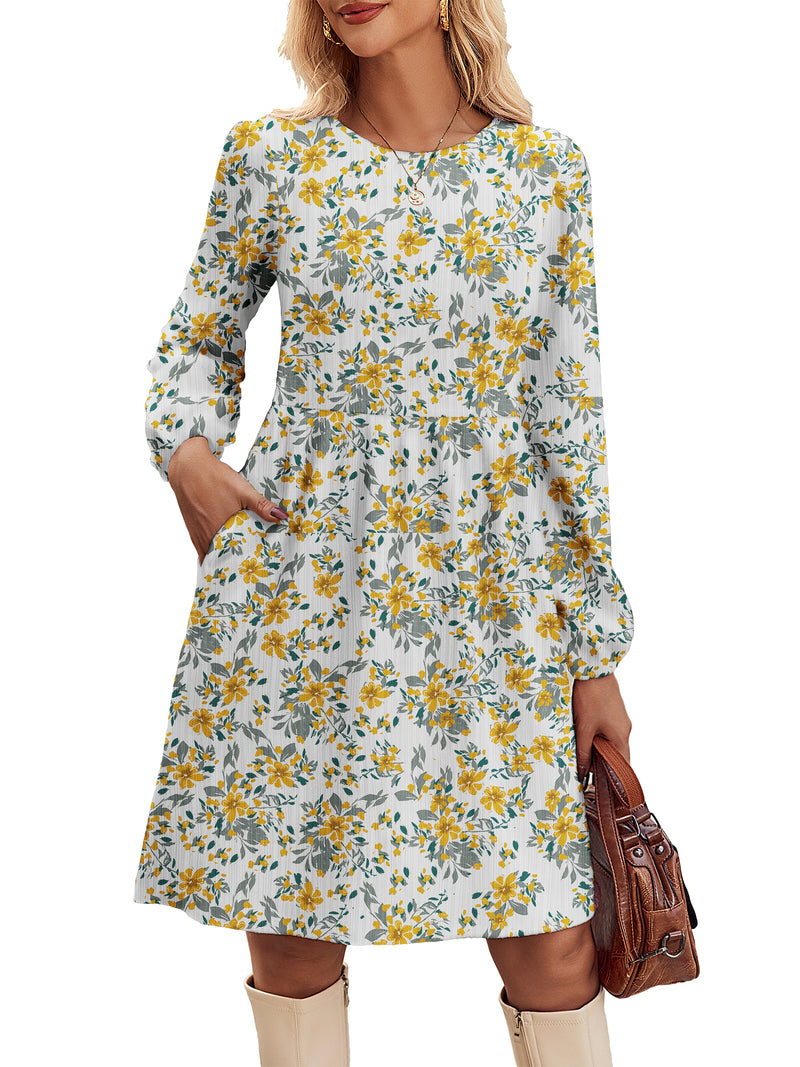 Zeagoo Women's Casual Knit Sweater Dress with Pockets - Floral White L-