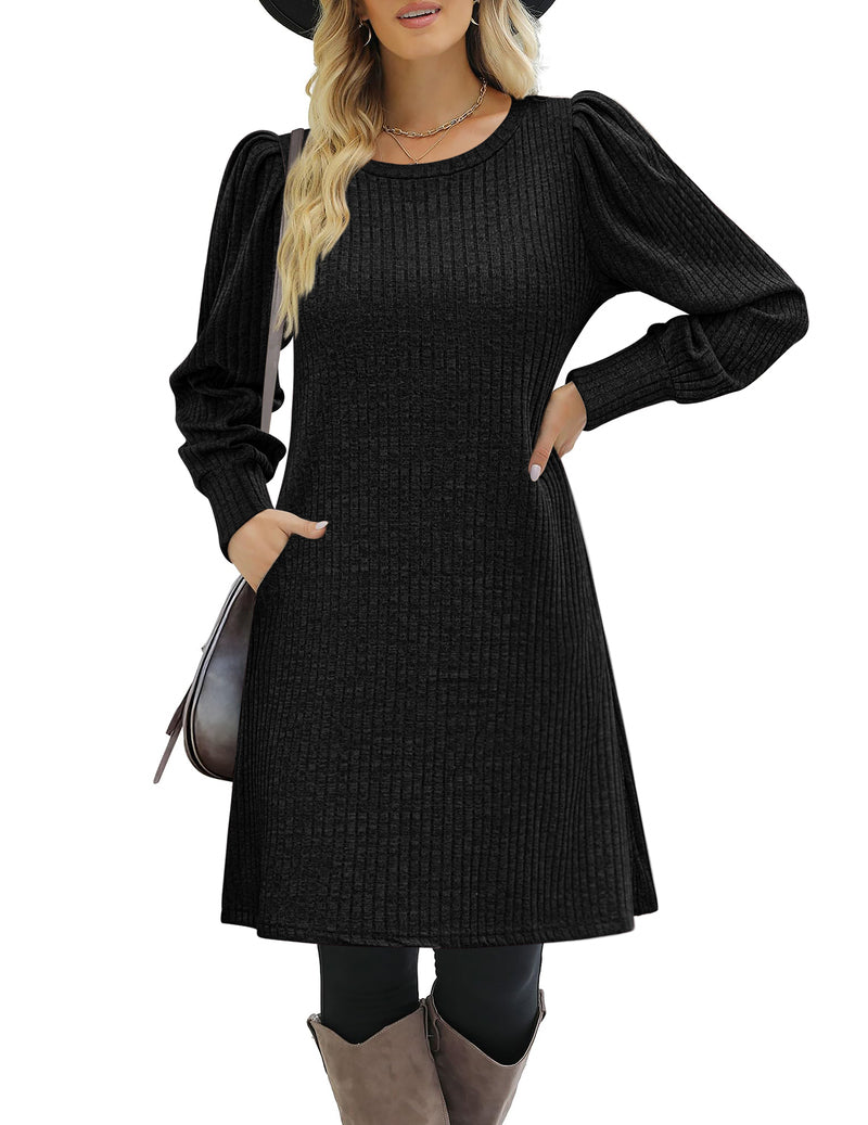 Zeagoo Women Knit Dress Puff Long Sleeve Dress - Black
