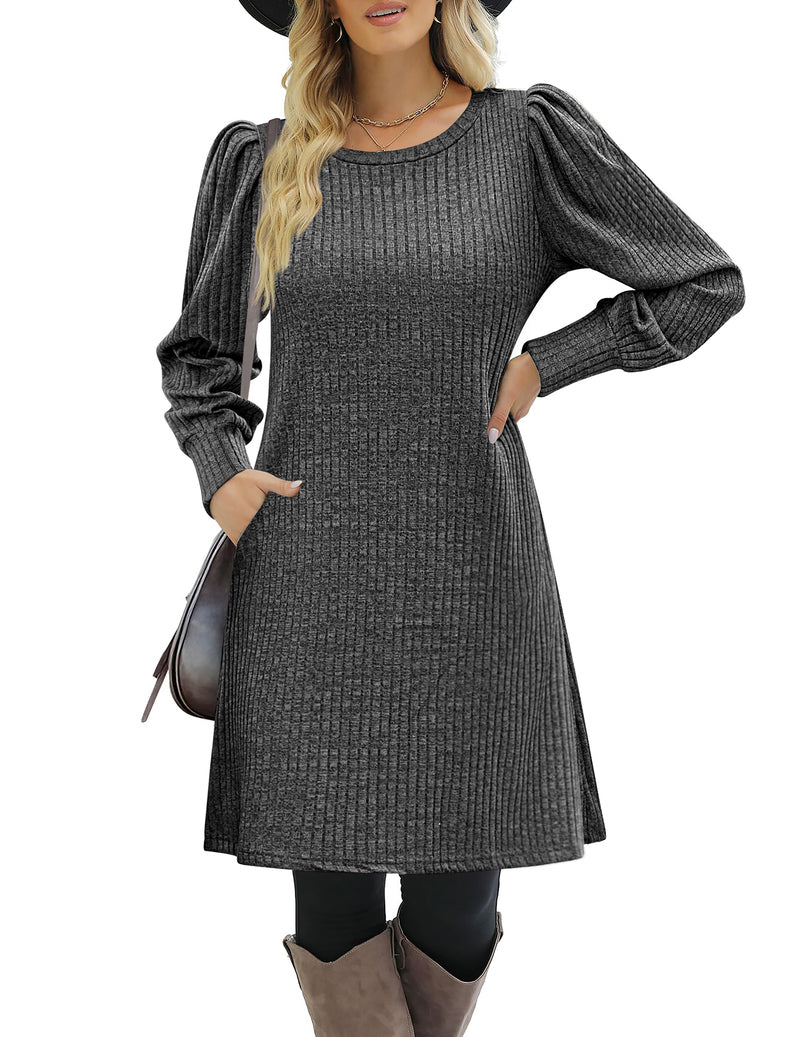 Zeagoo Women Knit Dress Puff Long Sleeve Dress - Dark Grey