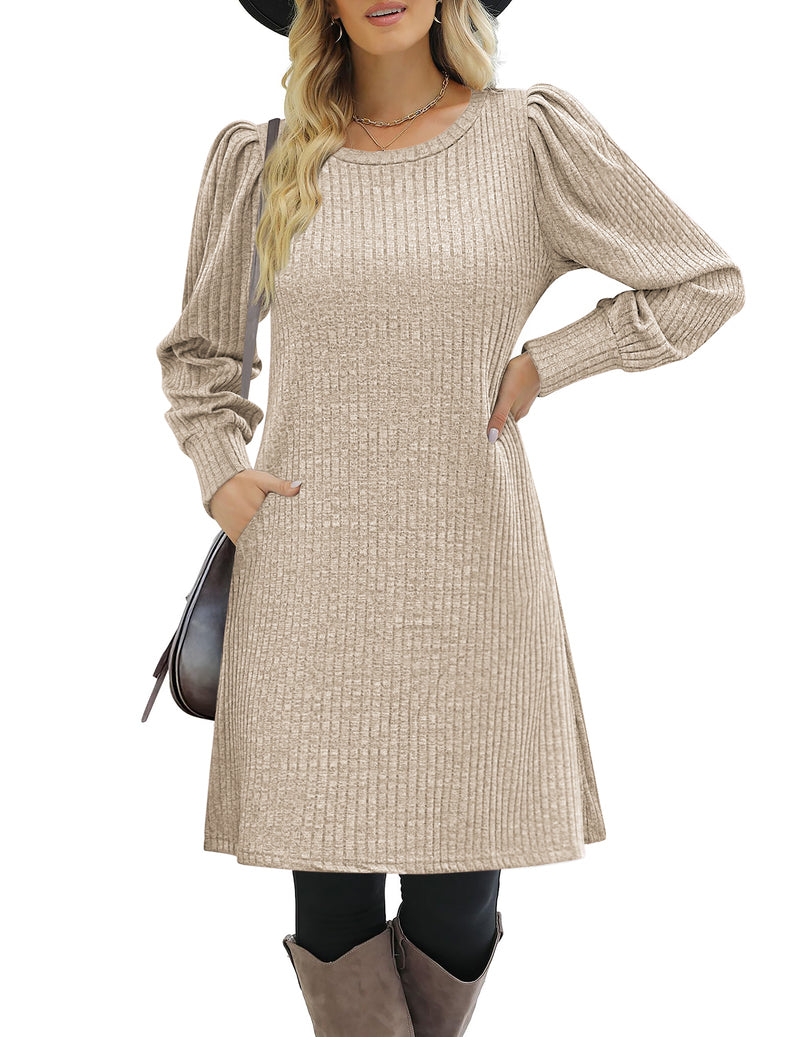 Zeagoo Women Knit Dress Puff Long Sleeve Dress - Khaki L-