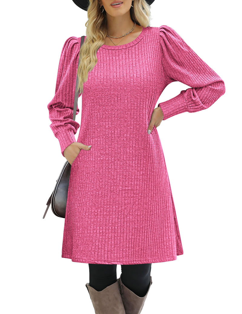 Zeagoo Women Knit Dress Puff Long Sleeve Dress - Rose Pink