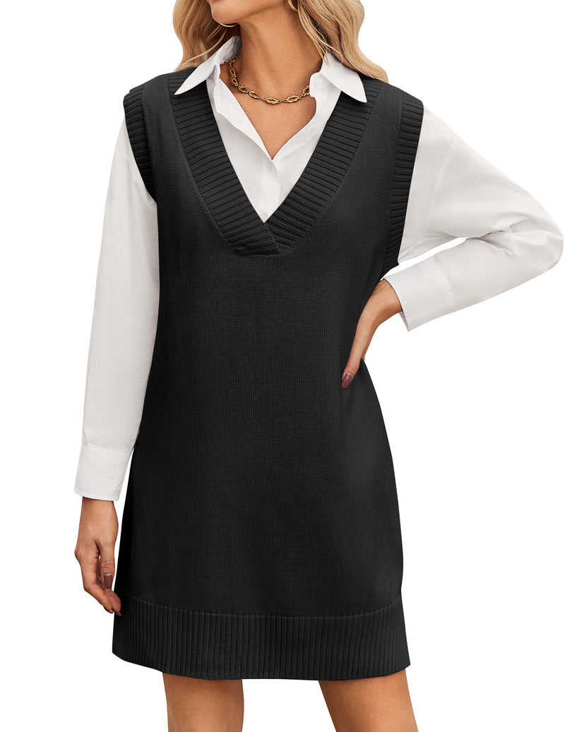Zeagoo Women's Oversized Sweater Vest Dress V Neck Knit Pullover - Black