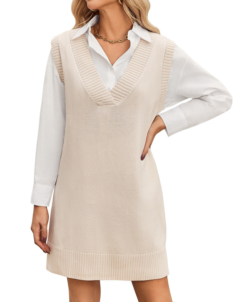 Zeagoo Women's Oversized Sweater Vest Dress V Neck Knit Pullover - Beige